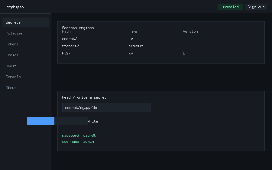 keephippo web console — Secrets screen